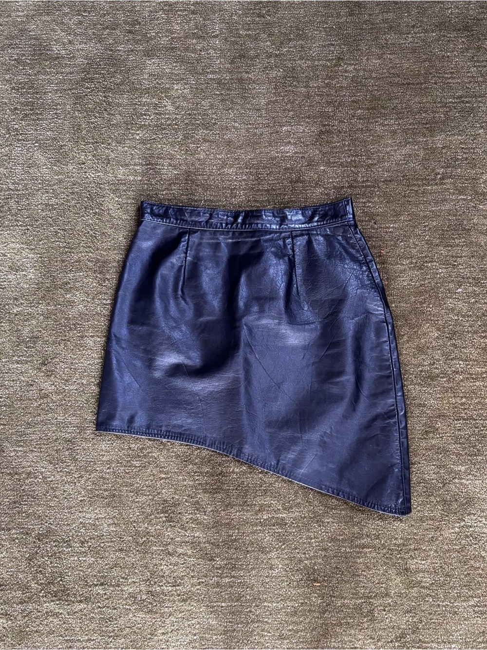 Vintage Asymmetrical Genuine Leather Mini Skirt - Black - Picture 1 of 6